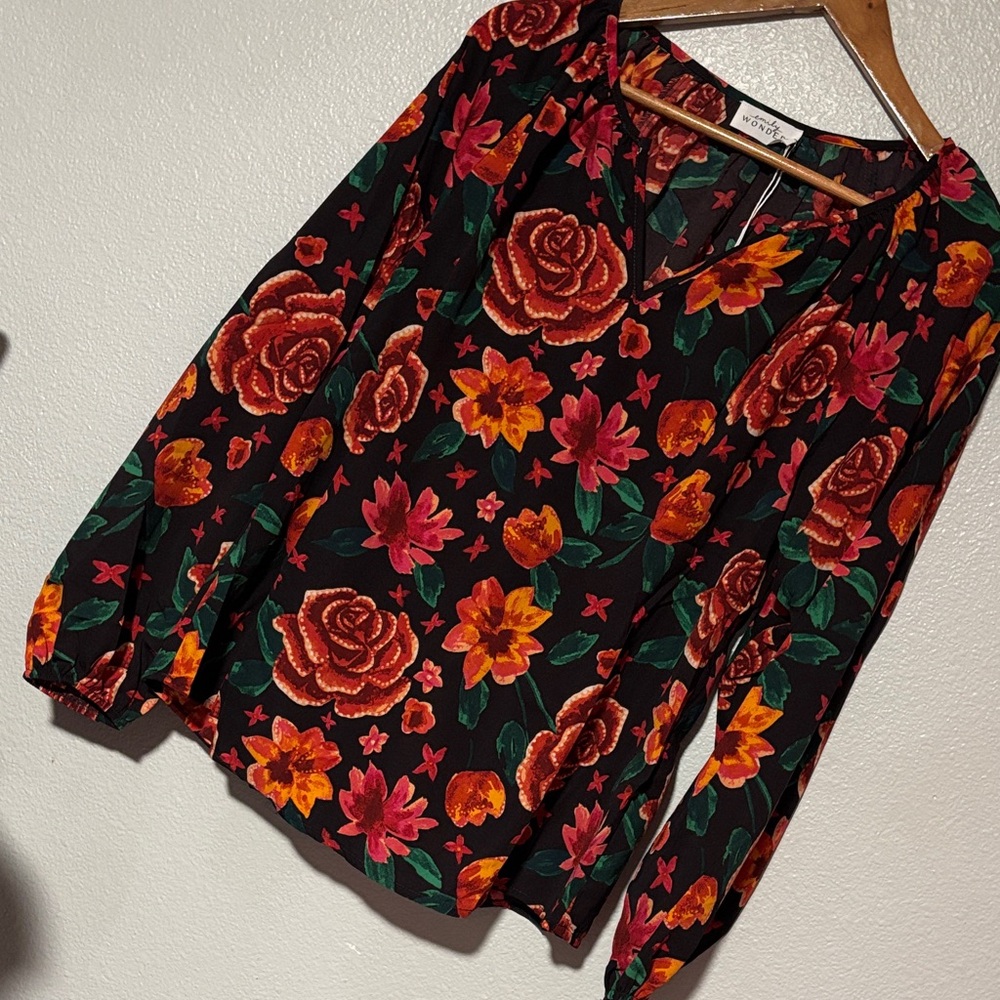 Floral V-Neck Blouse with Vibrant Red and Orange